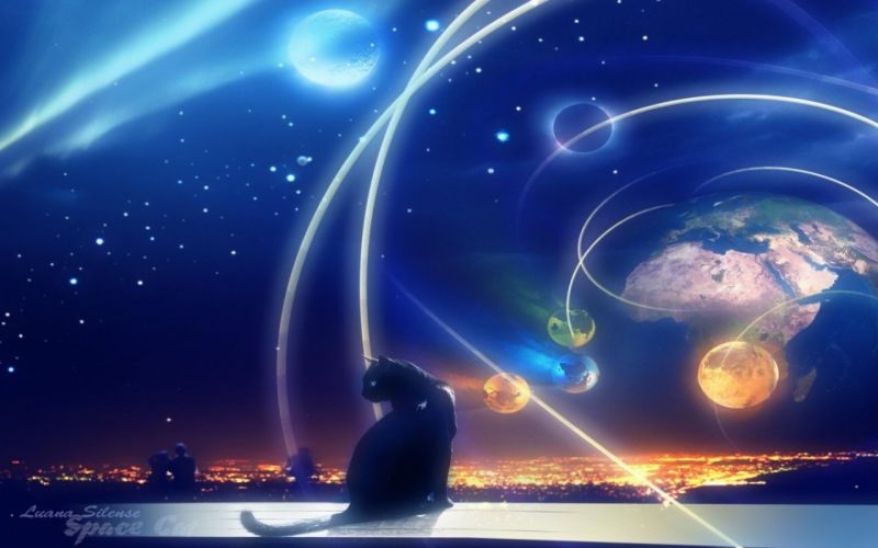 Рисунок кошка на фоне вселенной